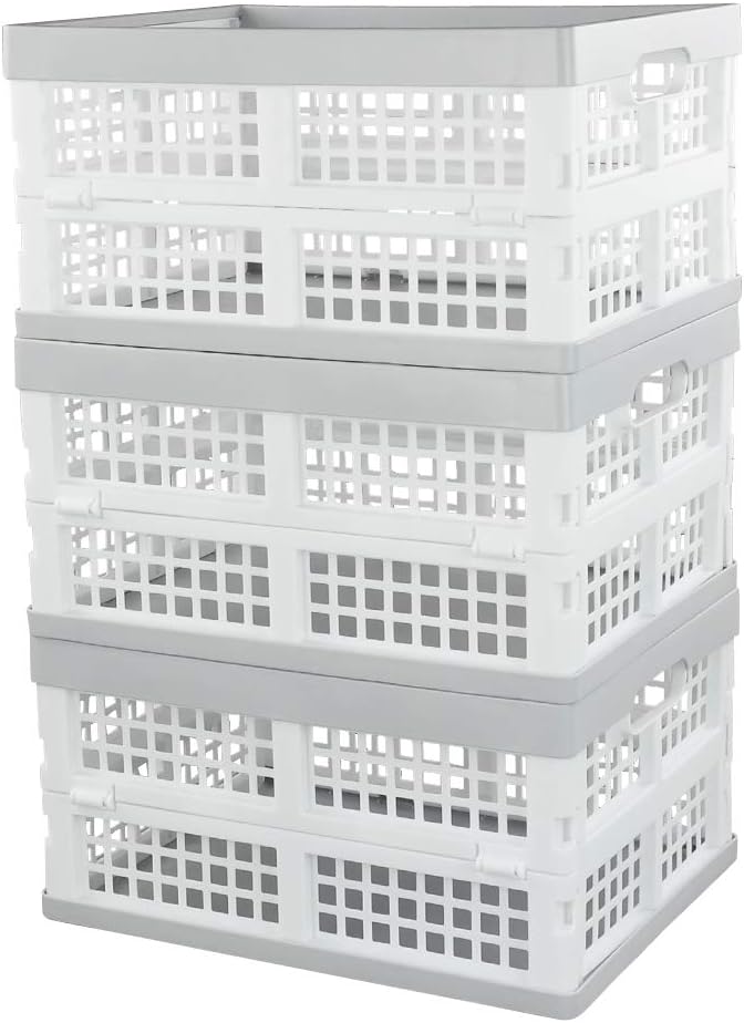 Vababa 3-Pack Plastic Stackable Collapsible Storage Crate, 15 L | Stacking Folding Storage Basket, Collapsible Design, Stable Stackable Structure, for Household & Pantry Organizers