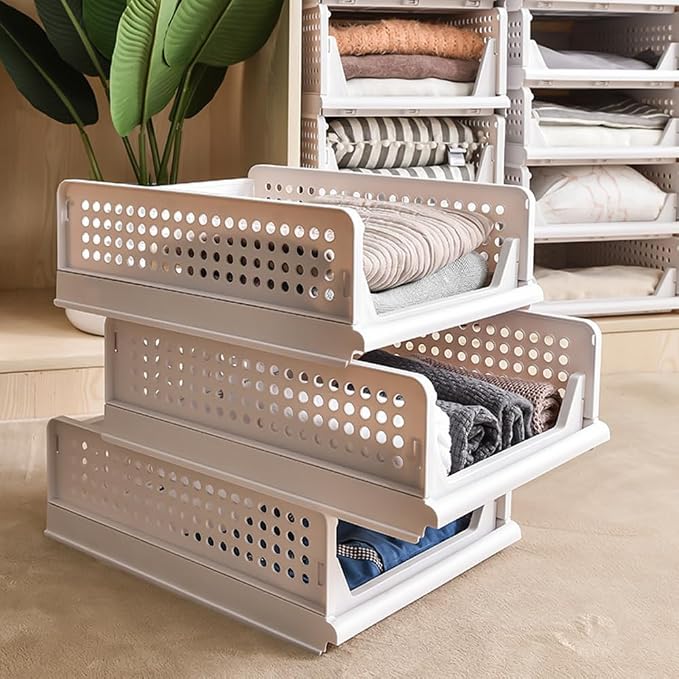 This Versatile Stackable Foldable Closet Clothing Storage with Drawer Shelves for Bedroom Kitchen Living Room Bathroom - White (4-Tier H-14cm + 3-Tier H-14cm)