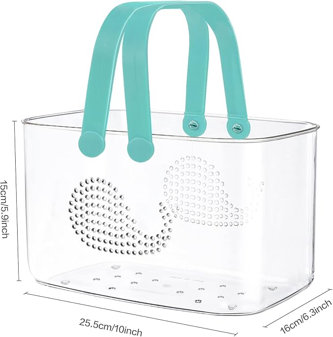 2 Pack Plastic Shower Caddy Basket for Bathroom (White+Cyan) | Portable Shower Caddy Tote Storage Basket with Colorful Handles, Clear Toiletry Organizer Bin for Kitchen College Dorm