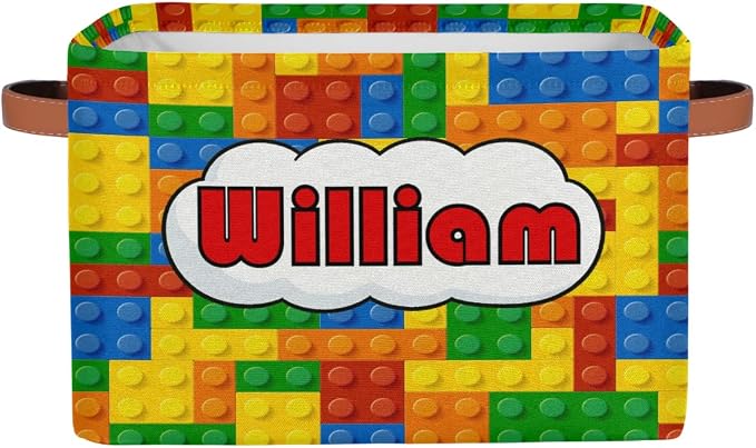Personalized Rectangle Storage Basket with Handles, Custom Name Cube Organizer Bins for Shelves Collapsible Toys Storage Box Clothes Baskets for Nursery Home Kids Room(Colorful Building Blocks)