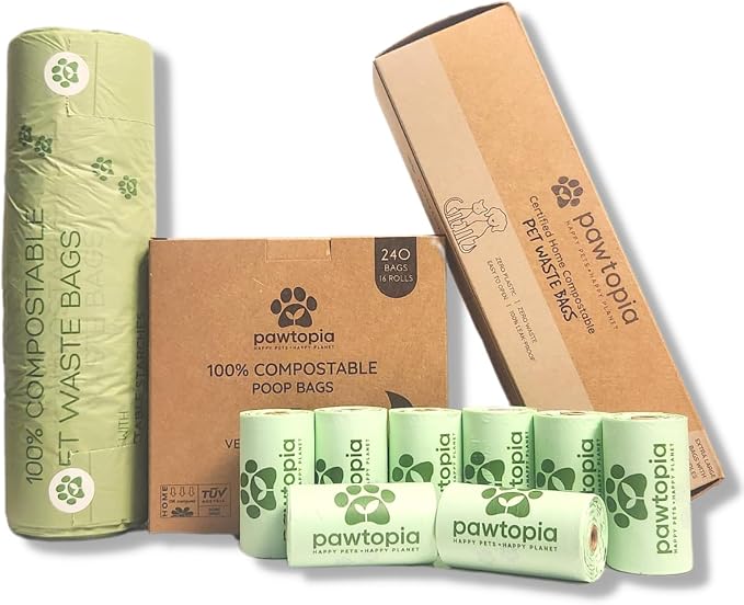 Pawtopia Pet Waste Bag Duo - 240 Standard Sized-Dog Poop Bags (16 rolls) + 100 Extra Large Cat Litter Bag with Handles (1 big roll), Vegetable Starches, Tuv Austria, Leak-Proof, Yard Pickup | Standard Poop Bags for Dogs plus XL Cat Litter Bags with Han...