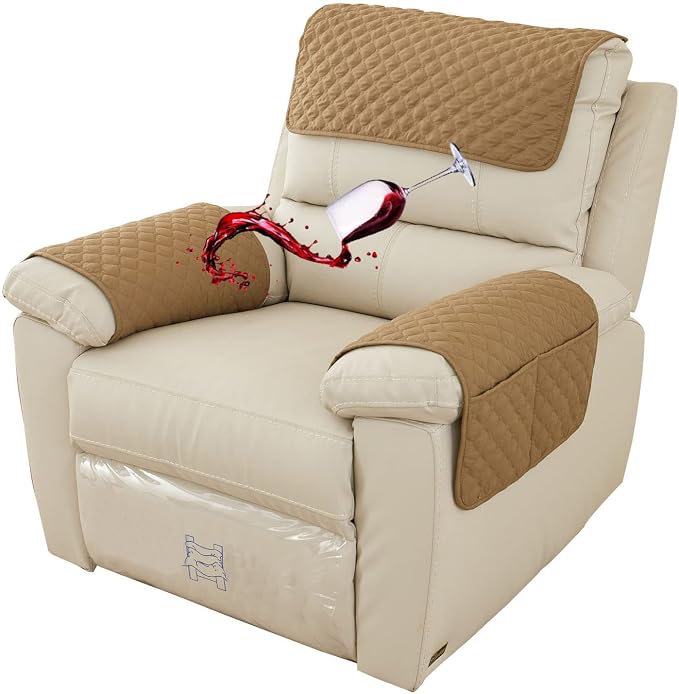 Water-Resistant Sofa Armrest and Headrest Covers, 2 Pockets | Quilted polyester helps shield recliners, loveseats and sofas from daily wear; silicone backing and fasteners improve grip
