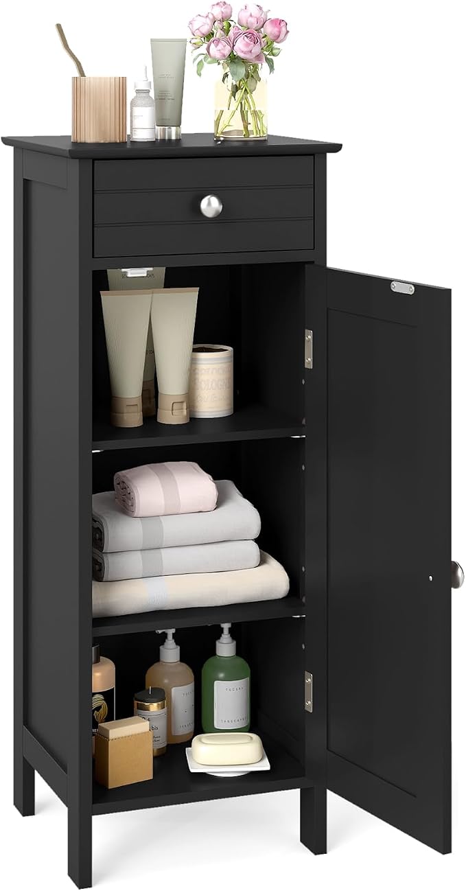GLACER Floor Storage Cabinet, Bathroom Storage Cabinet (Black) | 2 Adjustable Shelves | Ideal for Bathroom, Living Room | 14 x 12 x 34.5 inches