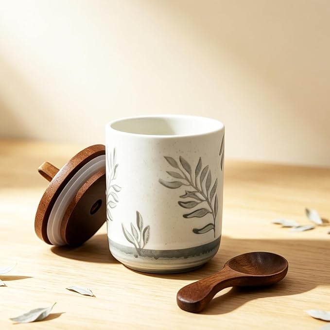 10oz Ceramic Airtight Food Storage Container with Wooden Spoon for Sugar,Matcha,Salt,Coffee,Spices,Cat Treat,Loose Leaf Tea(Gray-Green Olive Leaves)