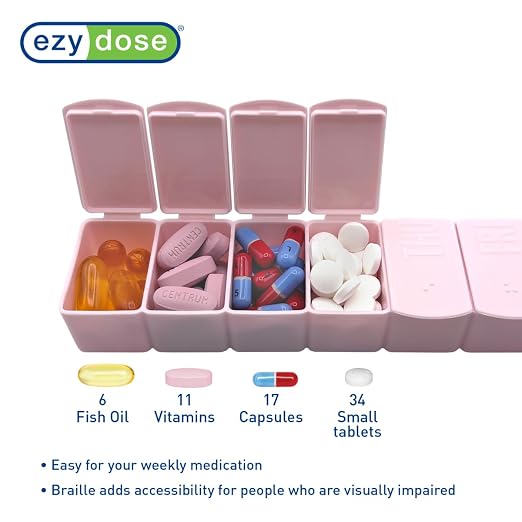Ezy Dose Weekly (7-Day) Pill Organizer, Medicine Planner, Cream & Pink | Daily Vitamin & Supplement Medicine Case, Pop Up Compartments, Embossed Matte Design, Travel-Friendly, BPA-Free, 2-Pack