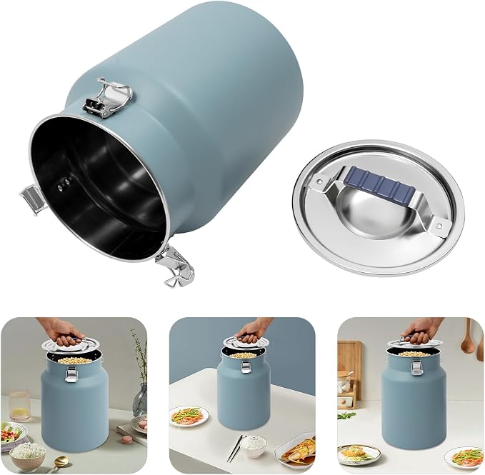 12L Stainless Steel Rice Storage Container with Airtight Lid&Handle, Blue | Secure 3-Buckle Locking Lid, Portable Handle and Wide Opening, Stores Rice, Flour, Pet Food, Tea, Oil, Milk, Grains