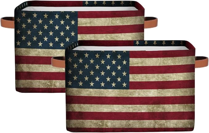 Pardick Storage Basket American USA Flag, Large Foldable Organizer Storage Bins for Shelves, Sturdy Canvas Cubes Storage Boxes with Handles for Toys Closet Nursery Office Living Room 15" x 11" x 9.5"