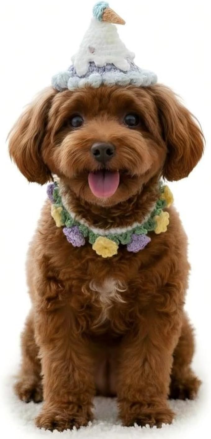 Dog Costume – Adjustable Birthday Dog Hat & Floral Wreath Scarf for Cats and Small to Medium Dogs, Cute Cat Costume for Party, Holiday, Daily Wear & Photos