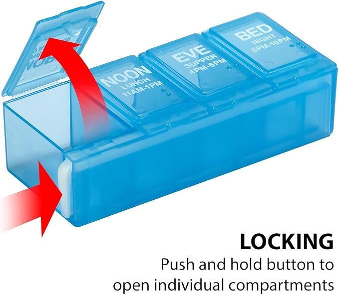 EZY DOSE Daily Pill Planner, Medicine Case, Vitamin Organizer Box, Locking Compartments to Secure Prescription Medication and Prevent Accidental Spilling, 4 Times per Day, Color May Vary, BPA Free