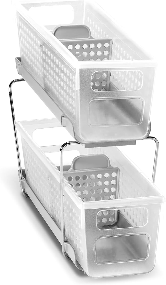 madesmart Mini 2-Tier Organizer, Multi-Purpose Slide-Out Storage with Handles and Dividers for Home and Bath, Frost | pull out bins, adjustable dividers, tiered access, cleaning supplies, under sink use, pantry bottles, woman owned
