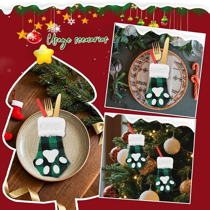 yaozeio Christmas Kitchen Utensil Holder Bag for Pet Lover Christmas Xmas Gifts for Dog Cat Owner Paw Flatware Organizer Storage Xmas Hanging Ornament Decoration Plaid Holiday Party Favor for 2