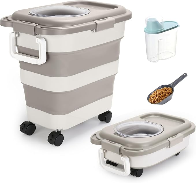 Beyoung 25-28lbs Airtight Dog Food Storage Containers with Wheels and Lids, Collapsible Pet Food Storage Bins with Handle, 50lb Rice Storage Bucket with Scoop, Dry Food Storage Bins (Khaki)