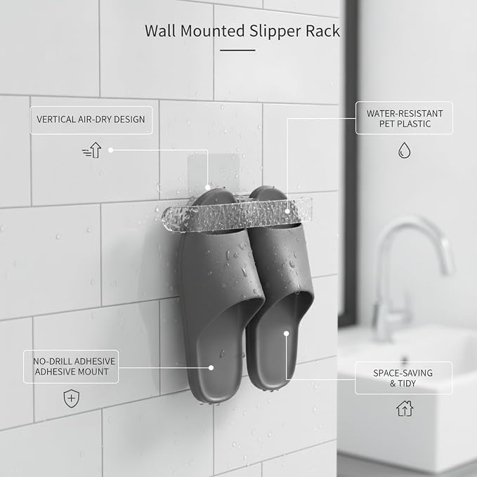 Sturdy PET Plastic Wall Slipper Rack, Adhesive No-Drill Shoe Organizer for Smooth Surfaces, Vertical Storage Caddy (1 Pack)