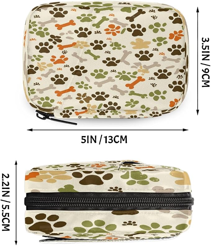 Weekly Pill Organizer Travel Size Bag with Removable 7 Day Pill Box Portable Vitamin Case Purse with Zipper,Beige Camo Pet Paws Bones