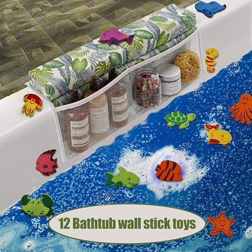 Supa Ant Bath Kneeler –8 Suction Cups & 2" Padding.Certified Non Toxic Bath Kneeling Pad for Bath Tub & 5 Bath Toy Organizer. Fast Dry Baby Bath Kneeler and Elbow Rest Pad Set Leaf