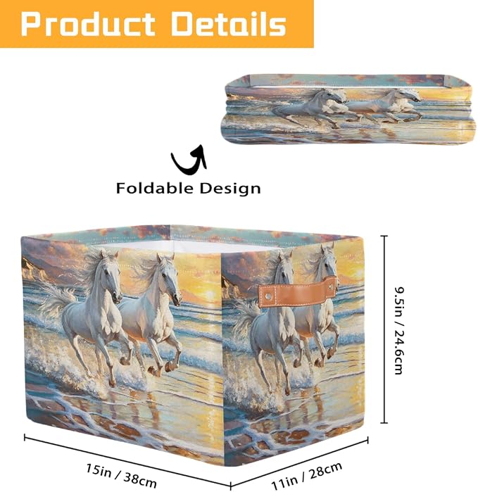 Storage Baskets Bin, Animal Running Horse Beach Collapsible Canvas Fabric Storage Bin Decorative Baskets Toy Organizer Rectangle Storage Boxes with Handles for Home Shelves Nursery,1Pack,A-478