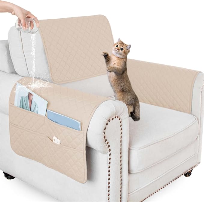 Large Polyester Armrest and Headrest Covers with 2 Pockets | Soft, smooth polyester resists daily wear nonslip silicone backing helps shield recliners and sofas from pet scratches