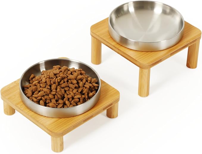 DoogCat Raised Cat Bowl, Elevated Cat Bowls with Bamboo Stand, Set of 2 | Premium Stainless Steel Bowls, Adjustable Height, Whisker-Friendly Design, Elevated Feeding, Easy to Clean