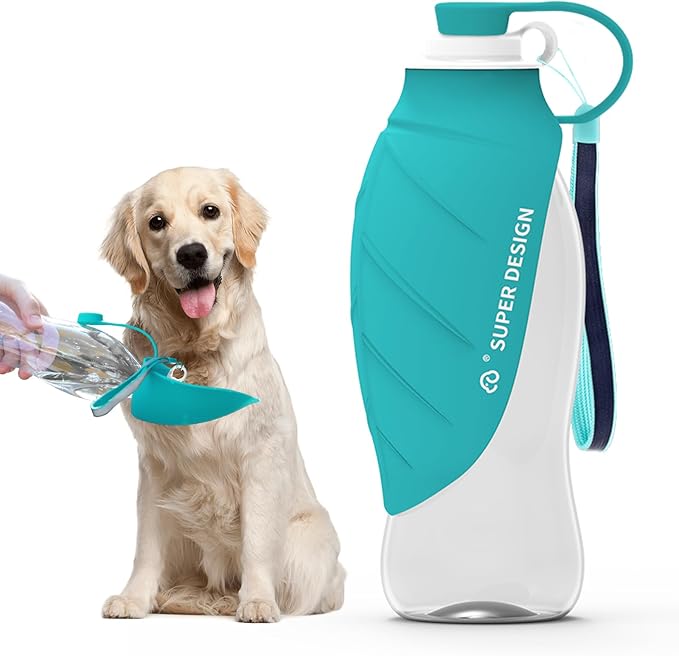 SUPERDESIGN Dog Water Bottle, Portable Dog Water Bottle for Small to Large Dogs, Leak Proof Dog Travel Water Bottle, Large Leaf Travel Water Bowl for Dogs and Dog Walking Accessories (19.6OZ, Blue)