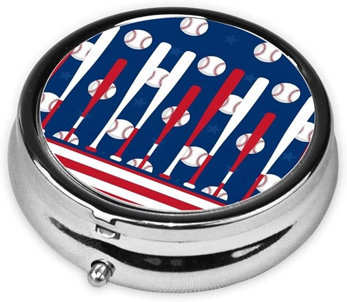 Purse Pill Case, Compact Round Holder for Vitamins, Travel Organizer Pocket Friendly, Moisture Proof Design for Women, Baseball Sport American Flag