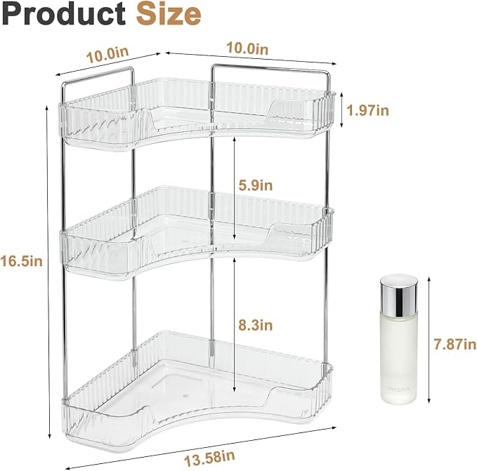 Corner Bathroom Counter Organizer, Vanity Organizer - Countertop Corner Shelf for Makeup Storage,Spice Racks for Kitchen Corner (Clear, 3-Tier)