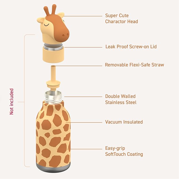 asobu Bestie Bottle Replacement Head For Insulated Stainless Steel Water Bottle, Detachable Soft Animal Head, Collectable Bottle Head for Fun Drinking For Kids, Giraffe