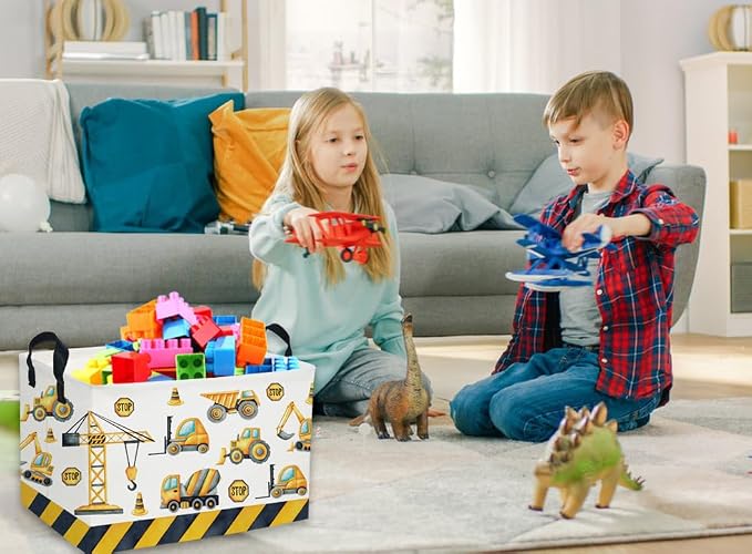 Essme Rectangular Kids Baskets,Car Storage Basket with Handles for Boys Room Decor,Vehicle Storage Bin（Engineering Vehicle）