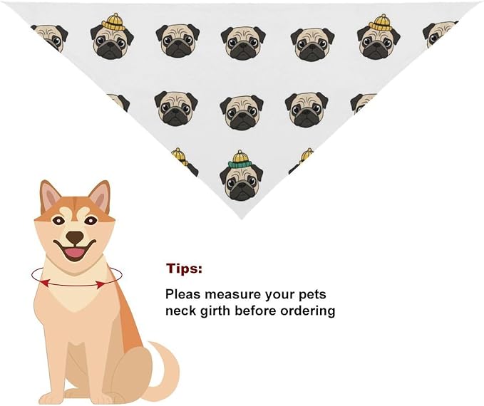 Lightweight Portable Triangle Handkerchief Cute Pug Dogs White for Dogs and Cat Fashion Accessories, Summer Casual Comfy Pet Scarf