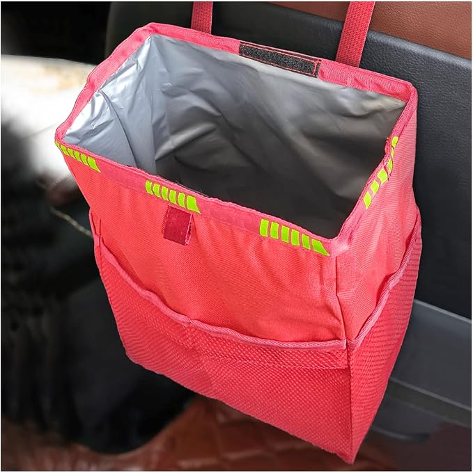 Fekey&JF Foldable Hanging Car Trash Can with Storage Pockets, Red | waterproof lining, hanging strap, Velcro closure, fits most sedans, SUVs, and trucks, car interior accessories