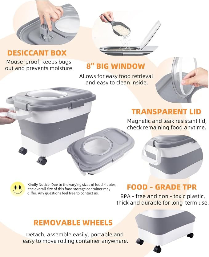 15-23 Lbs Dog Food Storage Container Airtight,Collapsible Pet Food Storage | Dog Food Container with Double Seal & Magnetic Lid,Cat Food Container with Wheels & Handle for Easy Moving,Small Jar,Scoop