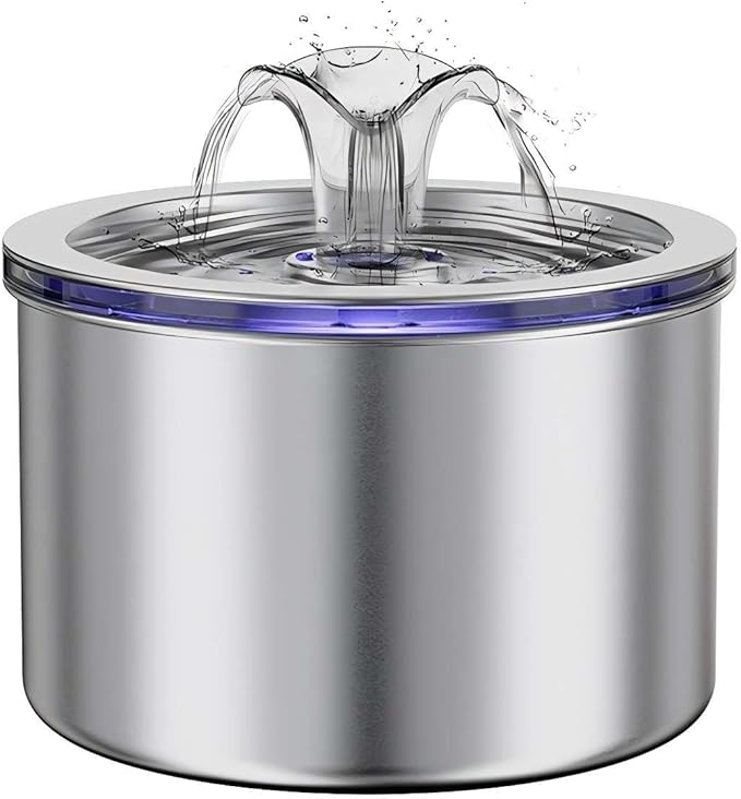 74oz/2.2L Stainless Steel Cat Water Fountain, Automatic Pet Water Dispenser for Cats and Small Dogs, 304 Stainless Steel, Ultra-Quiet Pump, Night Light, Auto Shut-Off for Water Shortage