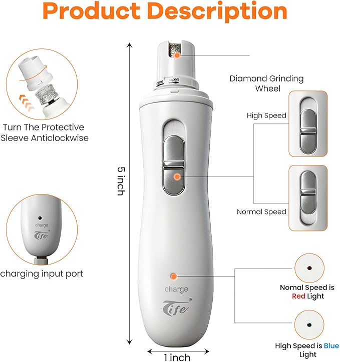 Tife Pet Nail Grinder,2 Speed Electric Rechargeable Dog Nail Trimmer,Quiet and Low-Vibration Pet Nail Grinders,Painless Dog&Cat Grooming Supplies for Large Medium Small Pets (White-528)