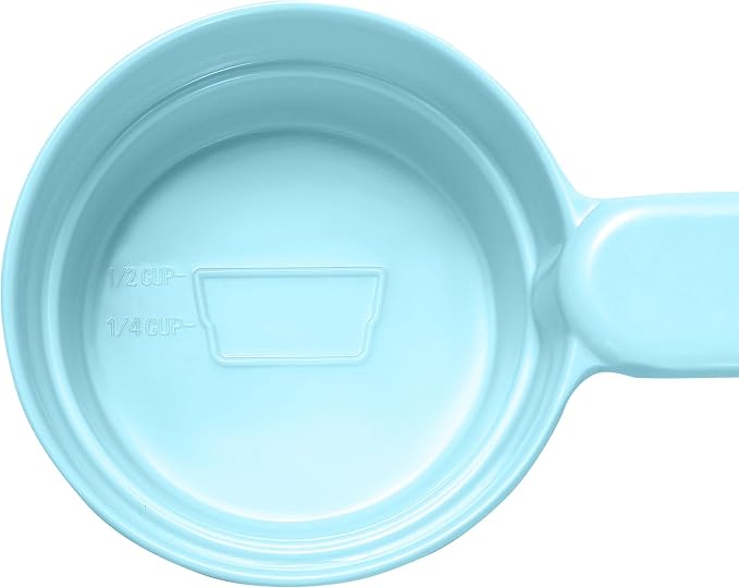 Joyinjojo Dog Cat Food Scoop - Pet Food Scoop Dog Food Measuring Cup 1/2 1/4 Cup, Comfortable Long Handle for Easy to Scoop Food, Blue 1/2 Cup