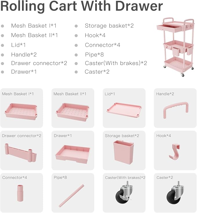 REBECAT 3 Tier Rolling Utility Cart with Drawer,Storage Cart,Rolling Cart for Kitchen,Bathroom,Living Room,Storage Organizer with Iron Wheels（Pink