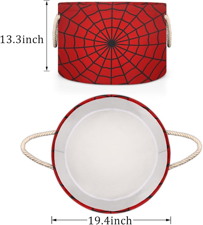 Red Spider Web Storage Baskets - Large Nursery Organizer Bin Box with Handles Collapsible Round Laundry Hamper for Kids Boy Toys Pet Blanket, Bedroom Living Room Home Decor Gift Basket (19.4"x13.3")