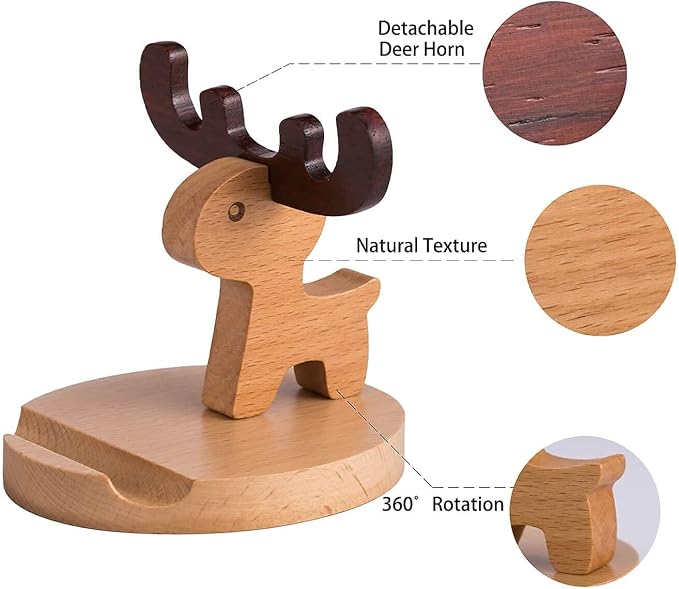 Cell Phone Tablet Wood Stand Dock Holder Cradle Mount Organizer Charger Station NightStand Table Desk Room Office School Kitchen Non-Slip Wooden (Deer)