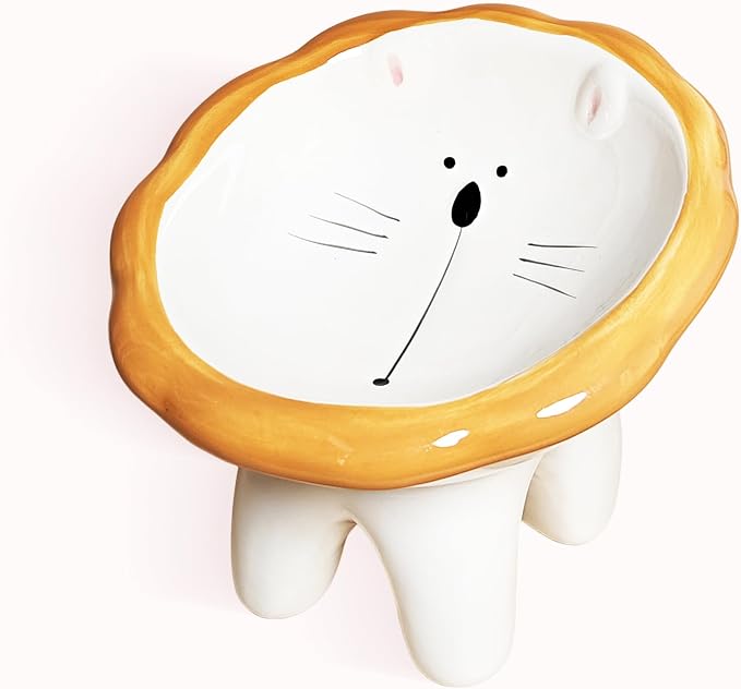 Lion Themed Tilted Ceramic Pet Bowl - High-Raised Cat/Dog Dish, 15° Anti-Regurgitation, 120g Large Capacity