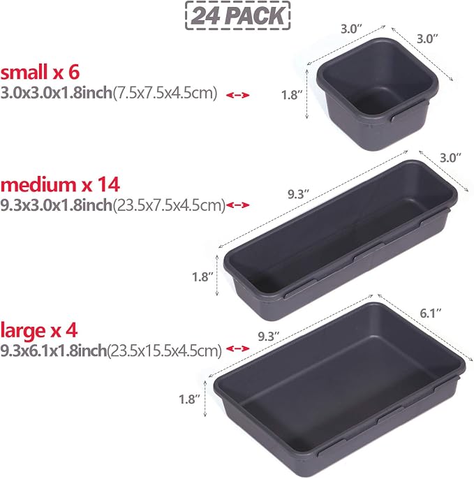 Set of 24 Interlocking Desk Drawer Organizer Tray Dividers Plastic Shallow Narrow Drawers Organizers Separators Storage Bins Container for Kitchen Bathroom Makeup Office Vanity Bedroom Dresser