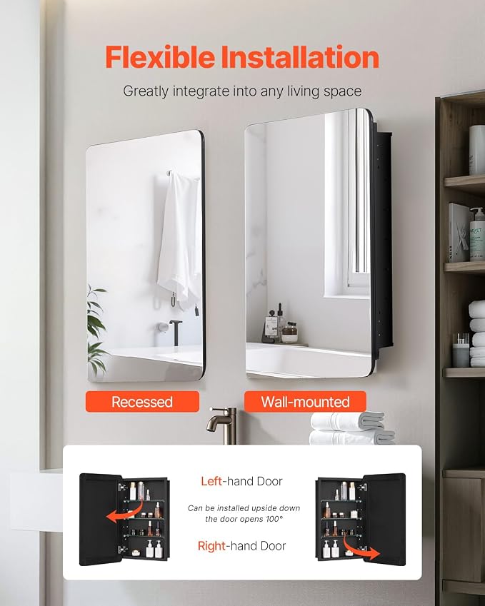 VEVOR Medicine Cabinet, 16.5 x 27.5 inch, Medicine Cabinet for Bathroom with Mirror, Aluminum Frame Bathroom Wall Cabinet, 3-Layer Adjustable Shelves, Recessed & Wall-Mounted Installation