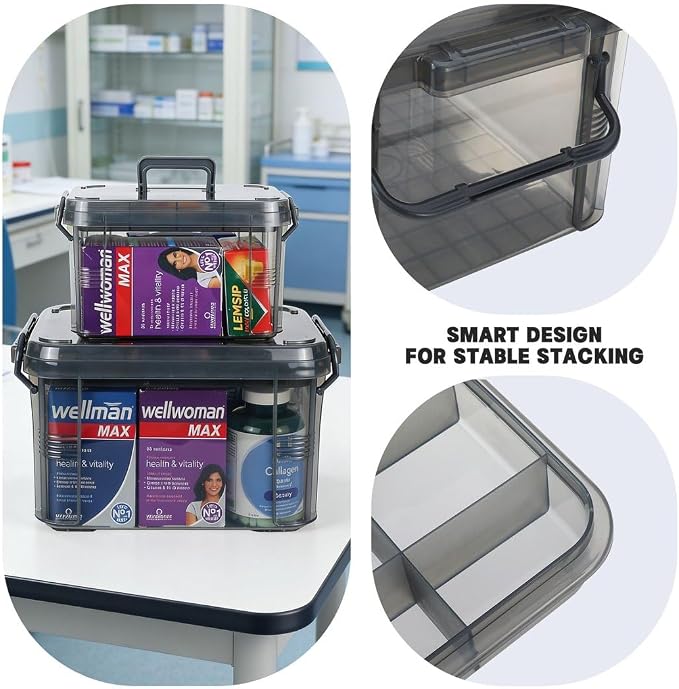HEY FOLY 15qt Medicine Organizer Storage Box with Tray, Set of 2 Plastic First Aid Box Empty, Thickened Medicine Container Chest, Multipurpose Medical Case with Labels, Grey Medicine Caddy