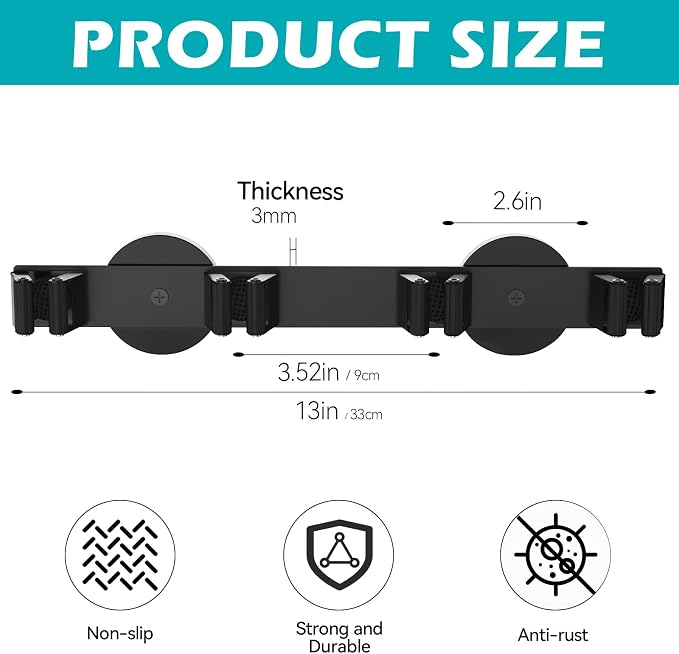 Magnetic Mop Broom Holder, Strong Non Slip Magnetic Broom Mop Hanger, Heavy Duty Magnetic Hooks for Hanging Shovel Rake Tools, Wall Mounted Utility Storage Magnet Rack 4 Rack