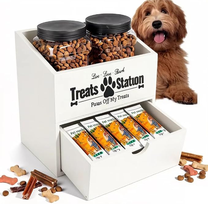 Pet Food Storage Container with Drawer, Wooden Dog Treat Container | White Pet Food Storage with 2 Plastic Dog Treat Jars for Dog and Cat, Dual Desk & Wall Mount Design