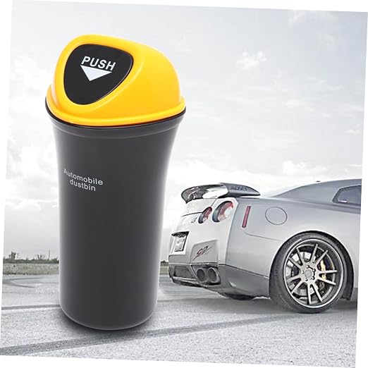 Portable Trash Can with Leakproof Cover Yellow Vehicle Garbage Bin with Hook Multi Functional Auto Organizer for Snacks Supplies and Pet Food Storage