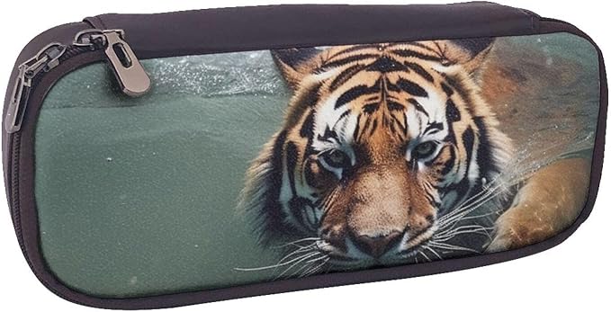 Leather Pencil Case Organizer Big Capacity Pencil Pouch Storage Bag With Compartments Cute Pencil Bag Tiger Swimming Pen Box Portable Cosmetic Makeup Bag Organizer