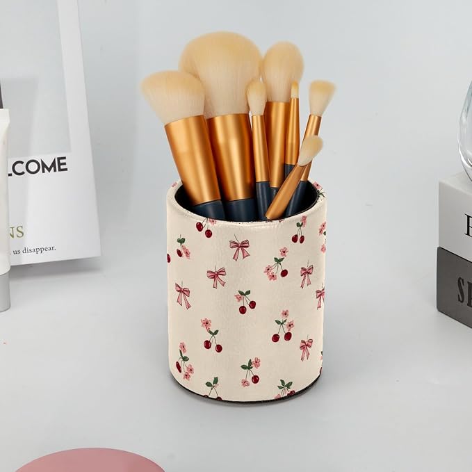 Bows and Cherries Pen Holder, Pencil Cup Marker Brush Holder Desk Storage Case, Desktop Organizer for School Office Home Supplies