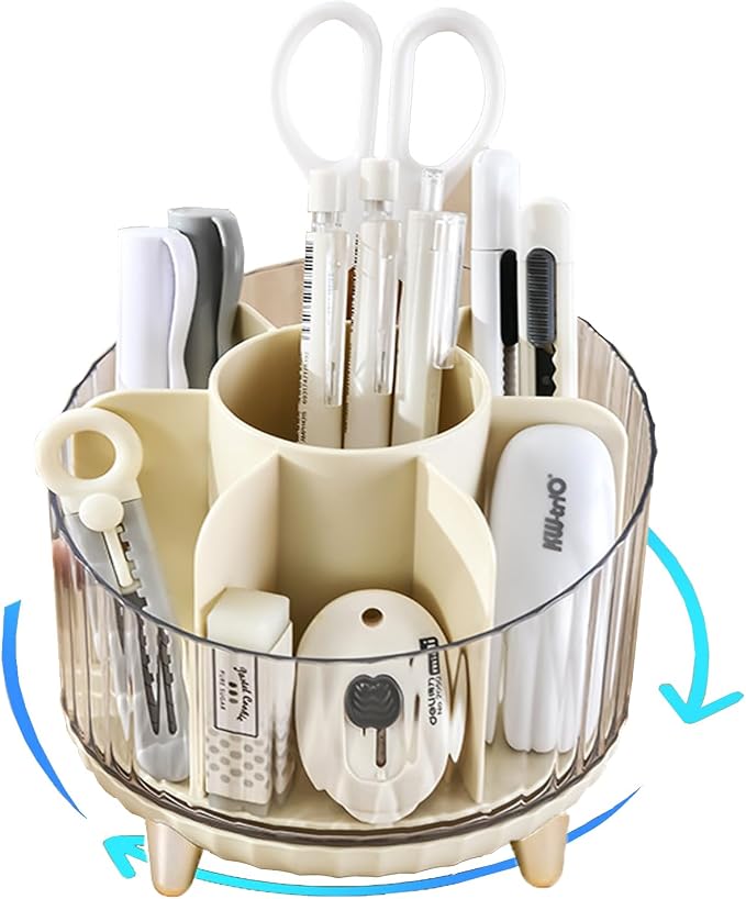 Rotating Pencil Holder, Desk Organizer with Multi-Compartment Design-Stylish, Functional Storage Solution for Home Offices, Classroom, Art Supplies Storage (Transparent white)