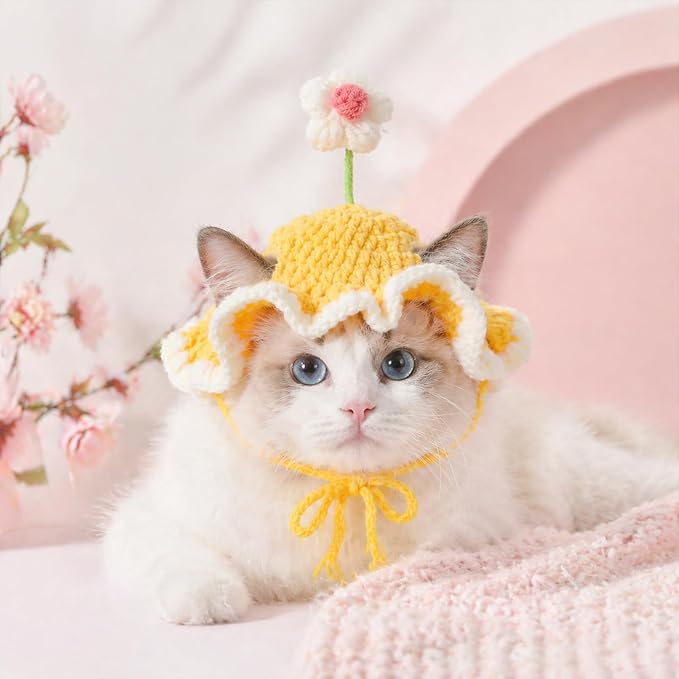 2Pcs Crochet Cat Hats Knit Cat Hat Cute Soft Flowers Hat (Pink, Yellow) | Knit Cat, With Adjustable Cord, Handmade Crochet Cats Clothes, for Puppy Kitten, for Holiday Birthday Party Costume Accessory