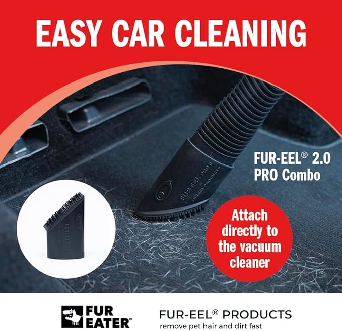 FUR-EEL PRO 2.0 Combo Pet Hair Removal Tool for Car Detailing | Universal Vacuum Attachment for Dog & Cat Hair | Fits 1-1/4" & 1-3/8" Hoses | Replaceable Soft Rubber Head | Washable & Reusable