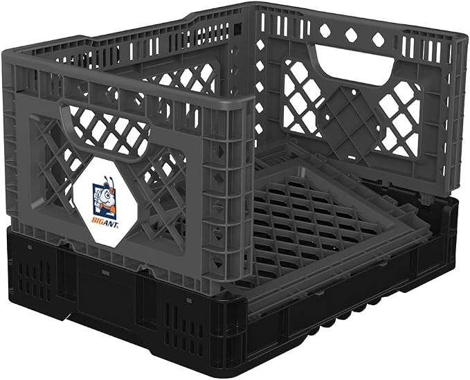 Bigant Heavy Duty Collapsible & Stackable Plastic Milk Crate - Snap Lock Foldable Industrial Garage Storage Bin Container Utility Tote Basket (Charcoal Gray, 1 Small Crate)