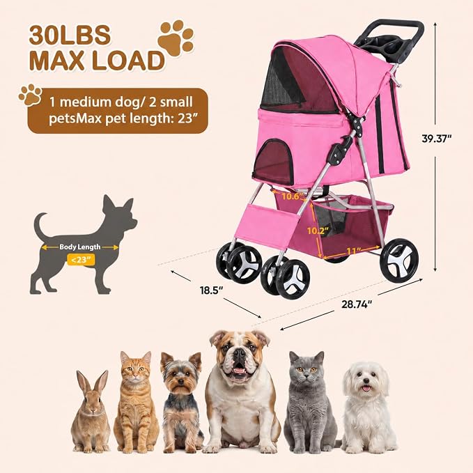 Pet Stroller 4 Wheels Dog Cat Stroller for Small Medium Dog Cats Carrier Jogger Travel Foldable Puppy with Storage Basket and Cup Holder (Pink)